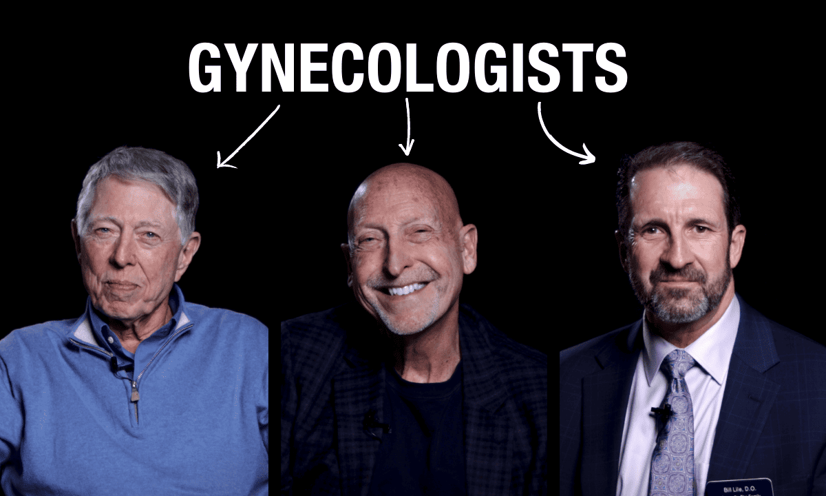 Three health care doctors with the word "gynecologists" above them with an arrow pointing to each doctor.
