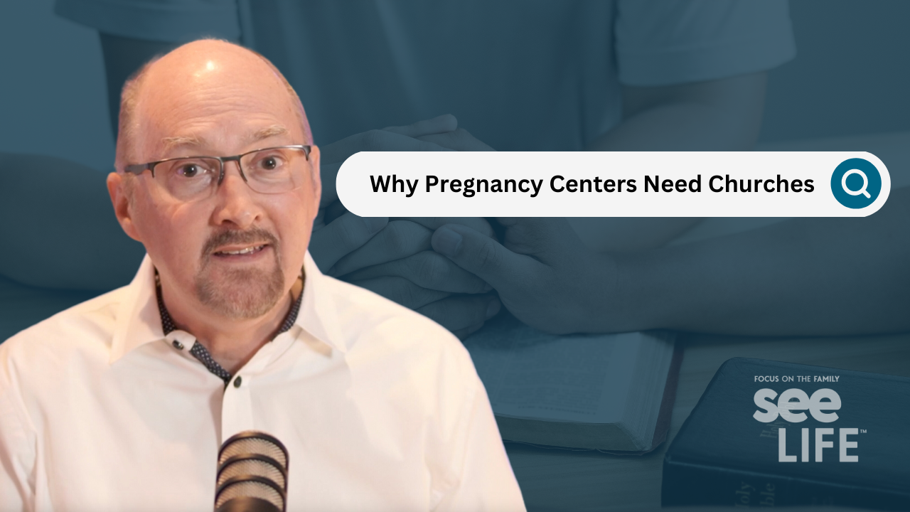 President of a pregnancy center is speaking with a search bar image.
