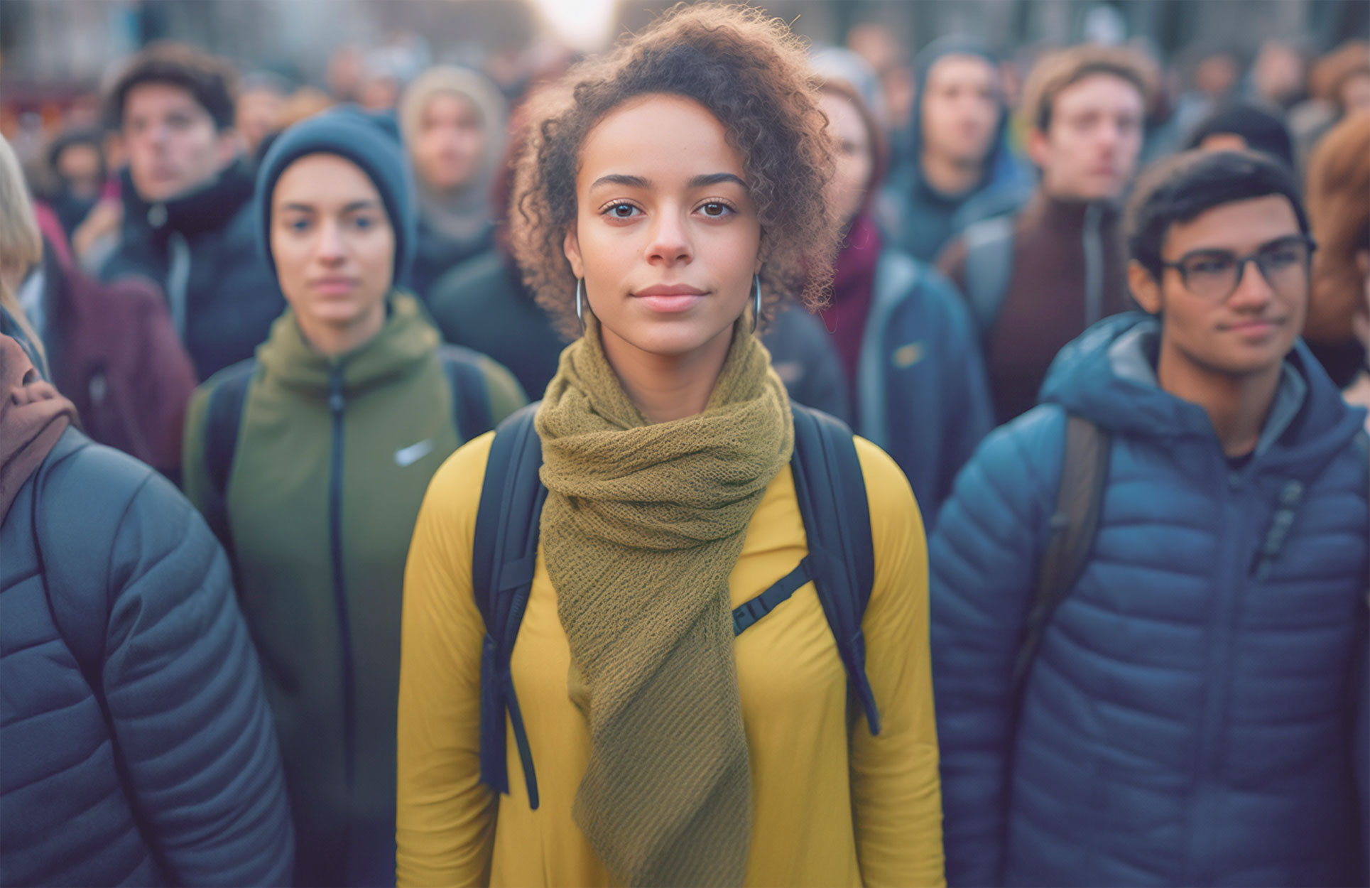 Young, determined woman standing in crowd
